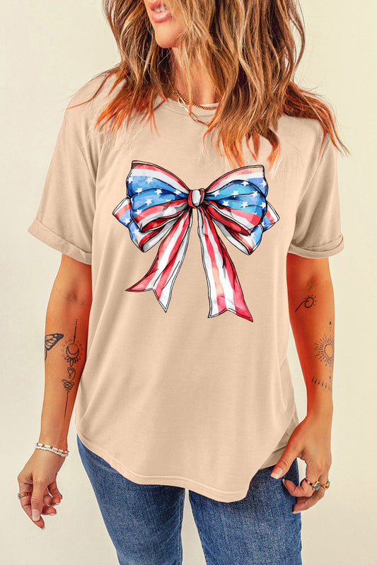 Khaki American Flag Bow Knot Print Round Neck T Shirt Graphic Tees JT's Designer Fashion