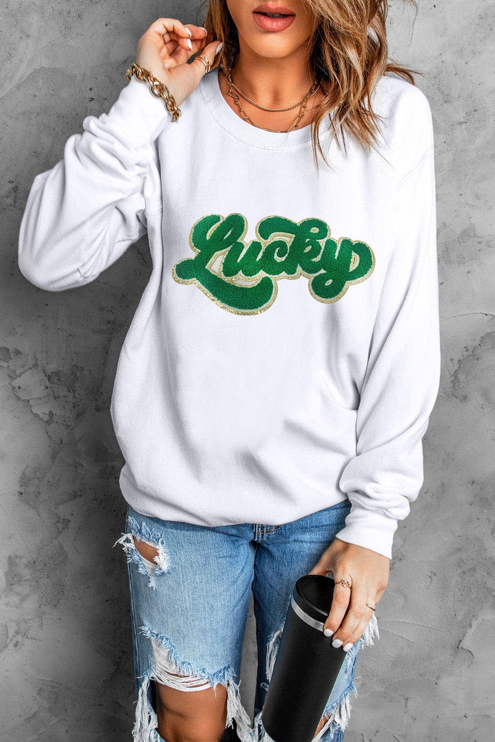 White Shiny Trim Chenille Lucky Pattern Sweatshirt Graphic Sweatshirts JT's Designer Fashion