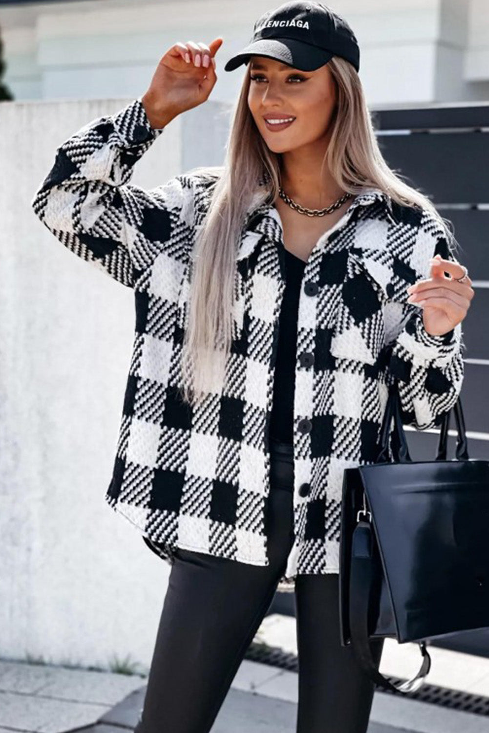 Black Plaid Textured Flap Pocket Shacket Plaid Shackets JT's Designer Fashion