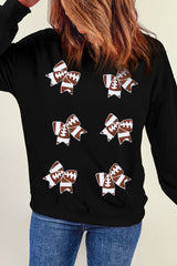 Black Rugby Football Bowknot Patched Crew Neck Game Day Sweatshirt Graphic Sweatshirts JT's Designer Fashion