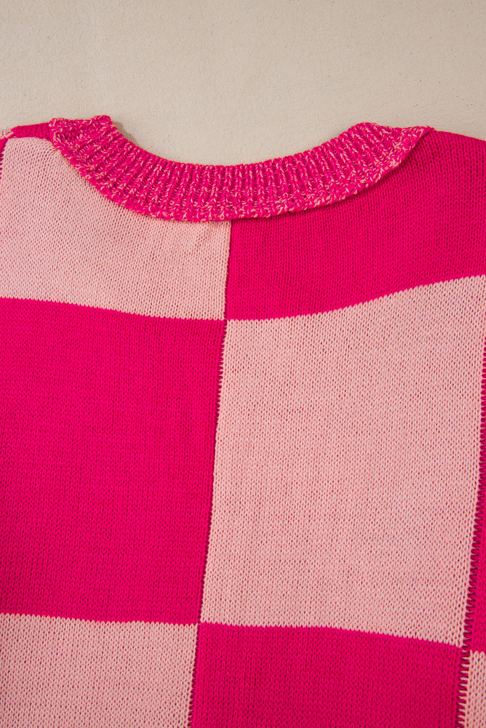 Rose Red Mixed Checkered Pattern Drop Shoulder Loose Sweater Sweaters JT's Designer Fashion