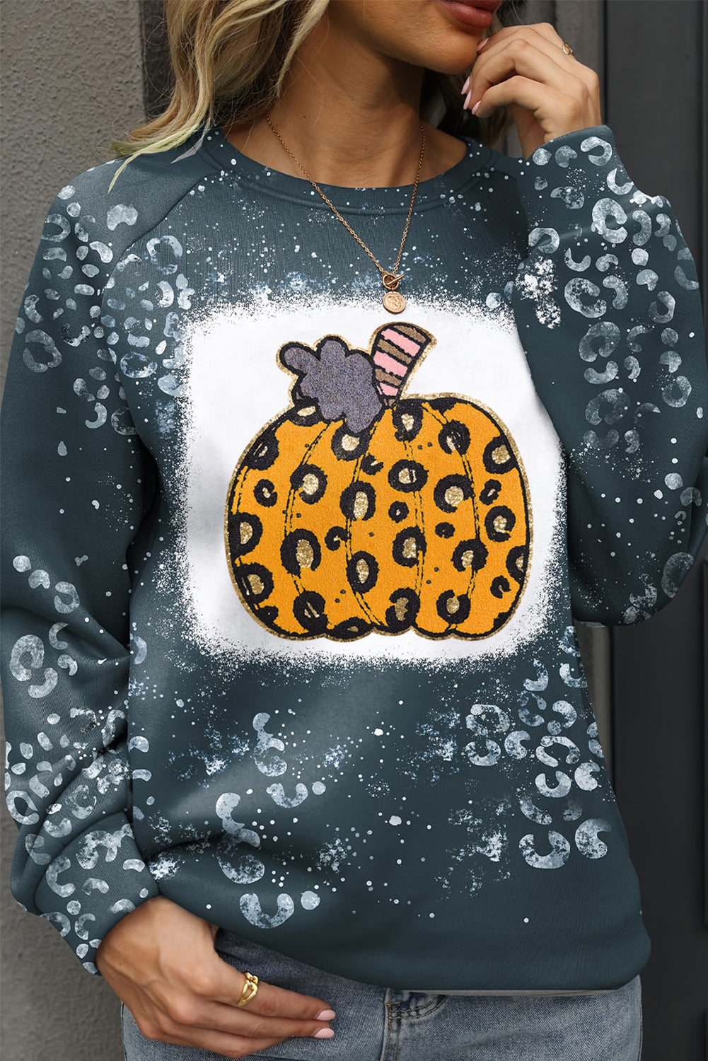Blue Leopard Pumpkin Ink Plash Printed Halloween Sweatshirt Graphic Sweatshirts JT's Designer Fashion