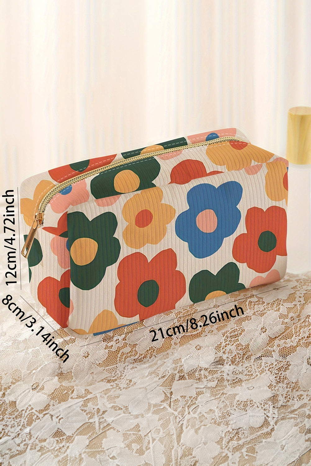 White Flower Print Zipper Square Corduroy Cosmetic Bag Makeup Bags JT's Designer Fashion
