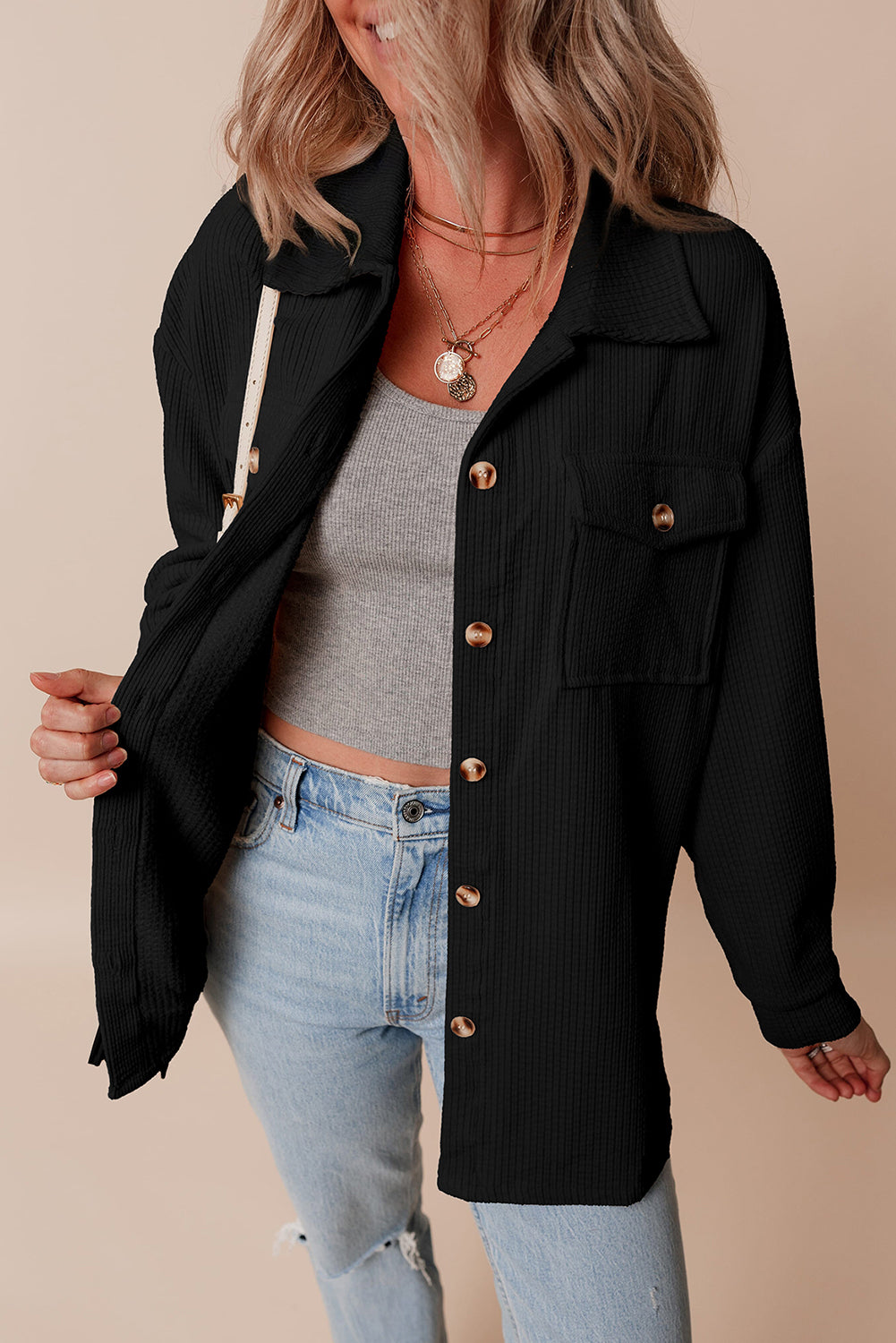 Black Corduroy Flap Pocket Button Up Shacket Jackets JT's Designer Fashion