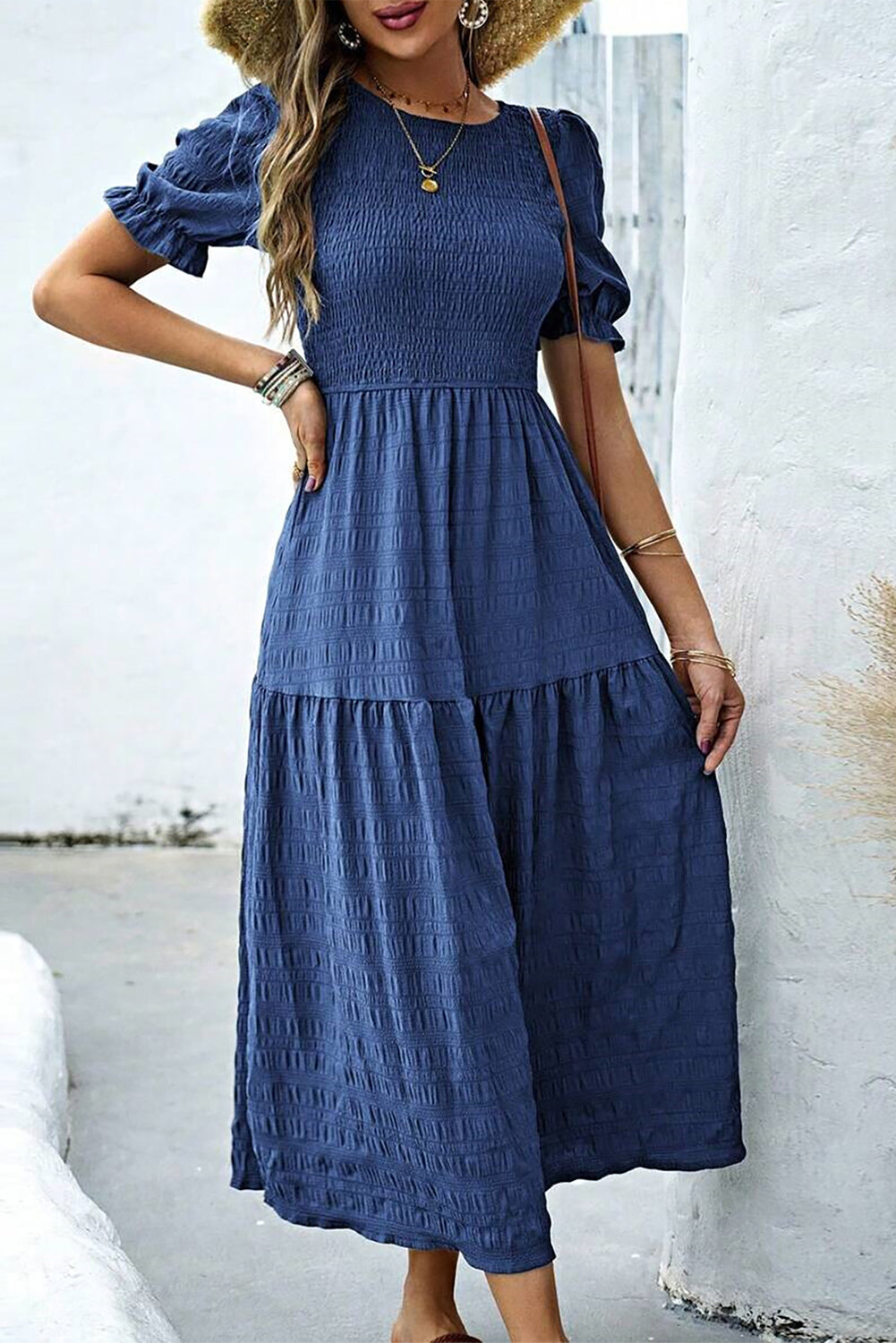 Sail Blue Solid Textured Smocked Puff Short Sleeve High Waist Long Dress Dresses JT's Designer Fashion