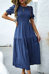 Sail Blue Solid Textured Smocked Puff Short Sleeve High Waist Long Dress Dresses JT's Designer Fashion