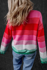 Rose Striped Knit Patch Pocket Drop Shoulder Sweater Sweaters JT's Designer Fashion