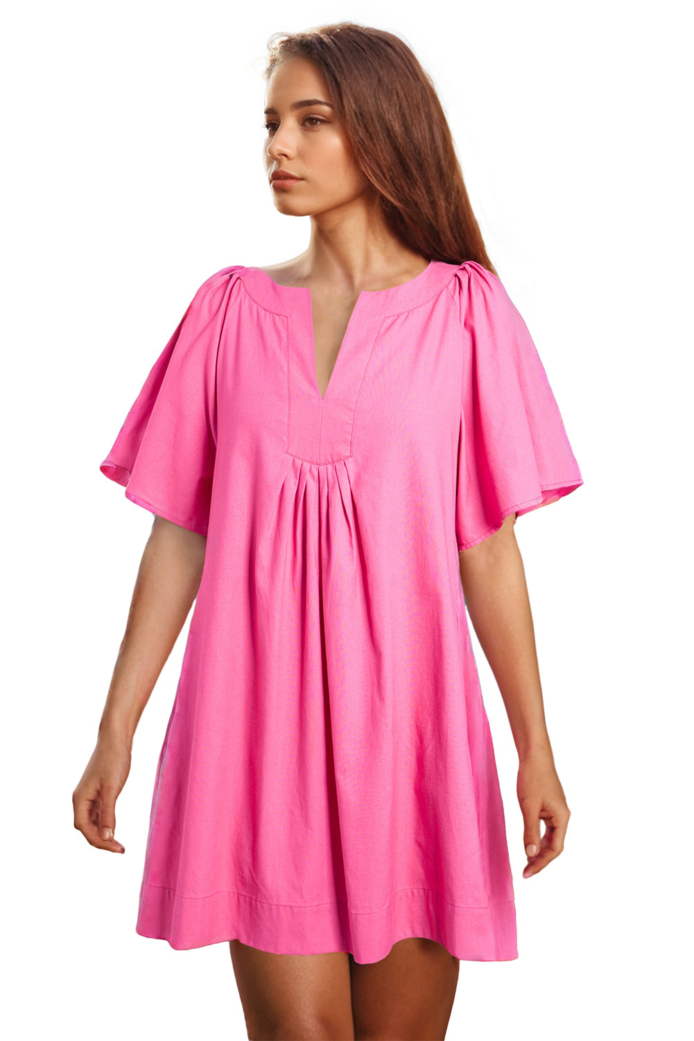 Bonbon Split V Neck Short Flutter Sleeve Pleated Shift Dress Mini Dresses JT's Designer Fashion