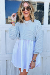 Sky Blue Stripe Patchwork Pleated High Waist Loose Mini Dress Mini Dresses JT's Designer Fashion