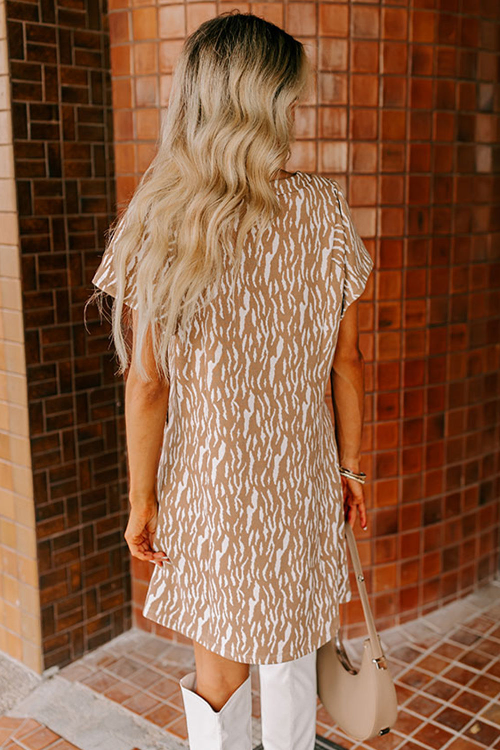 Khaki Abstract Print V Neck Short Sleeve Shift T Shirt Dress T Shirt Dresses JT's Designer Fashion