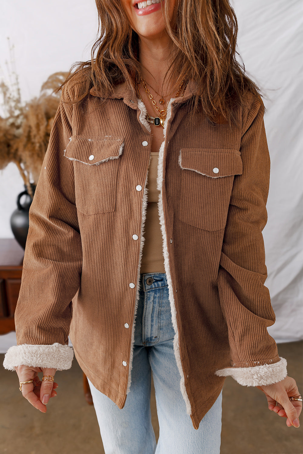 Cinnamon Fleece Lined Buttoned Flap Pockets Corduroy Jacket Jackets JT's Designer Fashion