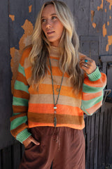 Orange Stripe Color Block High Neck Drop Shoulder Cozy Sweater Sweaters JT's Designer Fashion