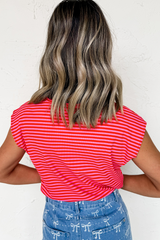 Red Stripe Sequin America Letter Patched Cap Sleeve Top Graphic Tees JT's Designer Fashion