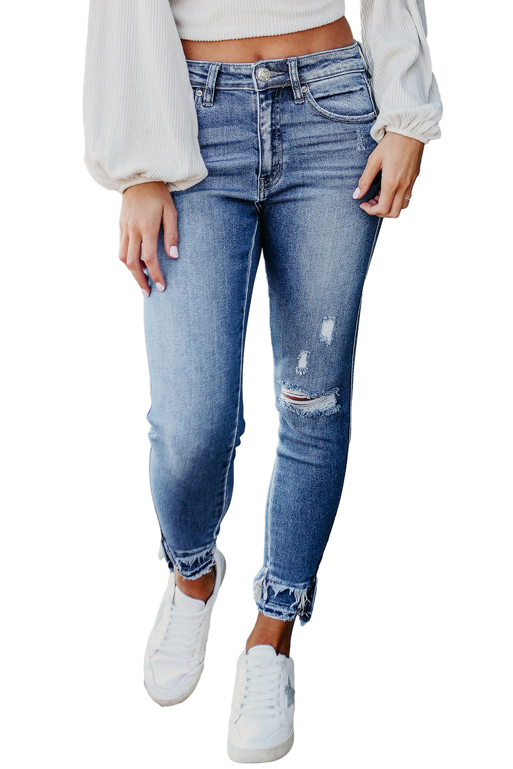 Light Blue Distressed Frayed Ankle Skinny Jeans Jeans JT's Designer Fashion