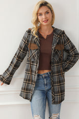 Contrast Hooded Drawstring Plaid Shacket Plaid Shackets JT's Designer Fashion
