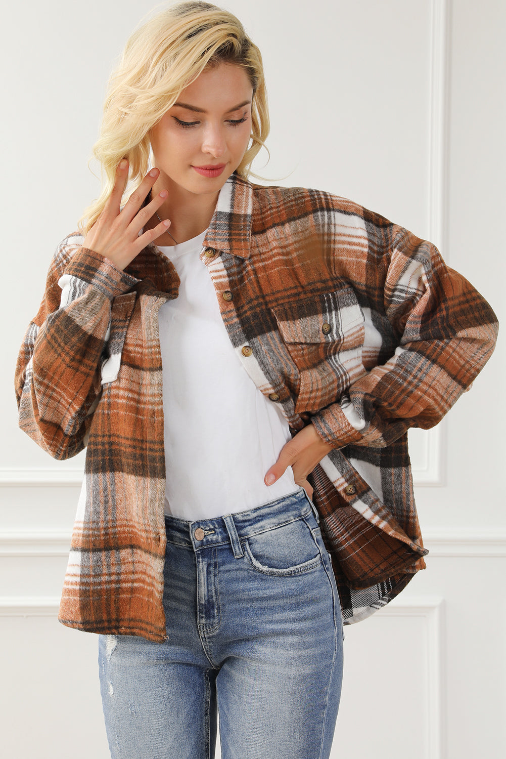 Brown Plaid Flap Pockets Shacket Plaid Shackets JT's Designer Fashion