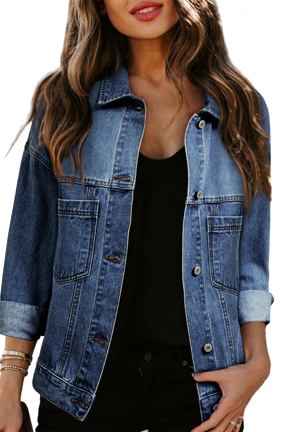 Dark Blue Washed Oversize Pocketed Denim Jacket Denim Jackets JT's Designer Fashion