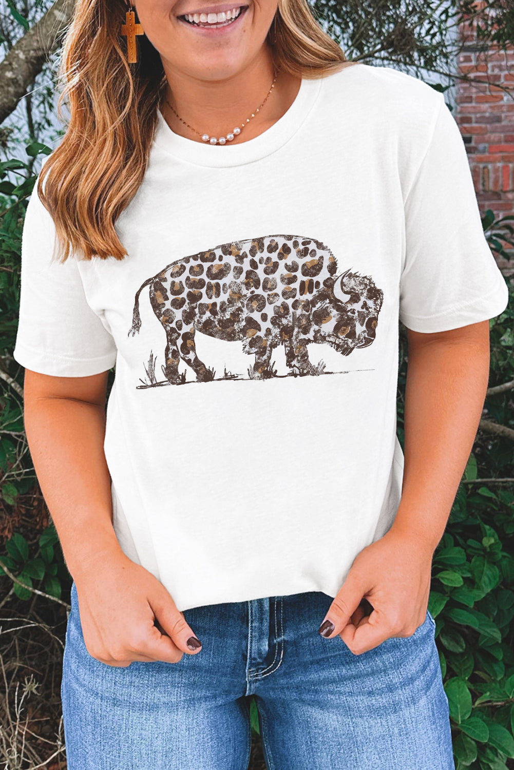 White Leopard Western Buffalo Graphic Tee Graphic Tees JT's Designer Fashion