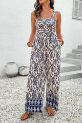 Blue Boho Geometric Print Shirred High Waist Wide Leg Jumpsuit Jumpsuits & Rompers JT's Designer Fashion