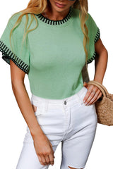 Mint Green Contrast Trim Round Neck Batwing Sleeve Knitted Top Sweaters & Cardigans JT's Designer Fashion