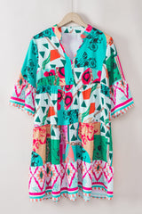Multicolour Abstract Printed Half Sleeve Notched Neck Mini Dress Mini Dresses JT's Designer Fashion