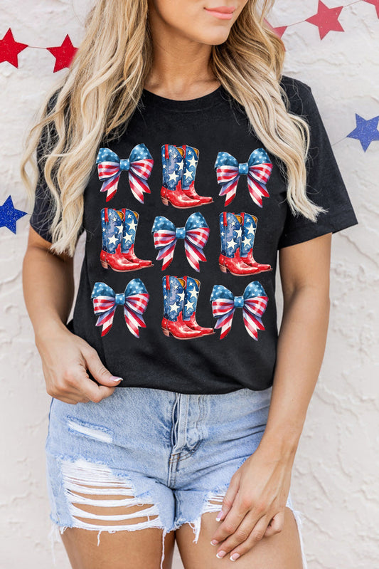 Black Stars and Stripes Bowknot Cowgirl Boots Graphic Patriotic Tee Graphic Tees JT's Designer Fashion