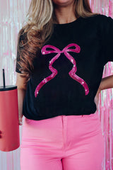 Black Sequin Bow Ribbon Graphic T Shirt Graphic Tees JT's Designer Fashion