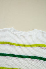 White Colorful Striped Drop Shoulder Crew Neck Sweater Sweaters JT's Designer Fashion