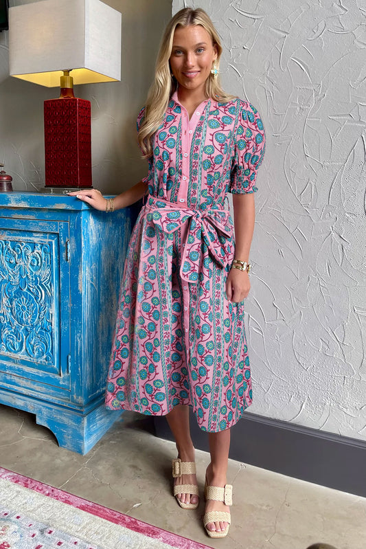 Pink Floral Shirred Puff Sleeve Buttoned Front Midi Dress with Sash Midi Dresses JT's Designer Fashion