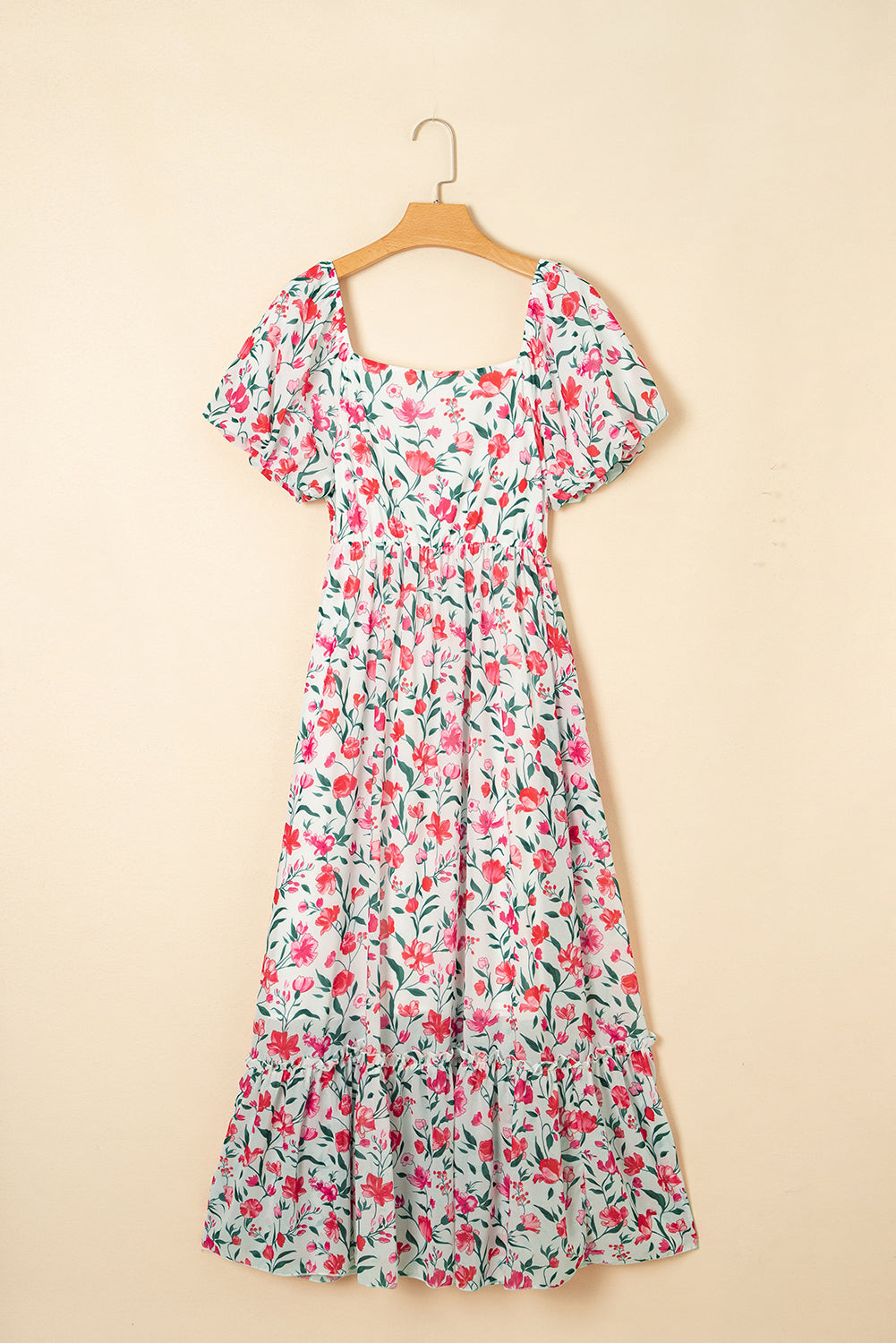 Pink Floral Puff Sleeve Square Neck Empire Waist Tiered Maxi Dress Floral Dresses JT's Designer Fashion