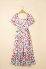 Pink Floral Puff Sleeve Square Neck Empire Waist Tiered Maxi Dress Floral Dresses JT's Designer Fashion