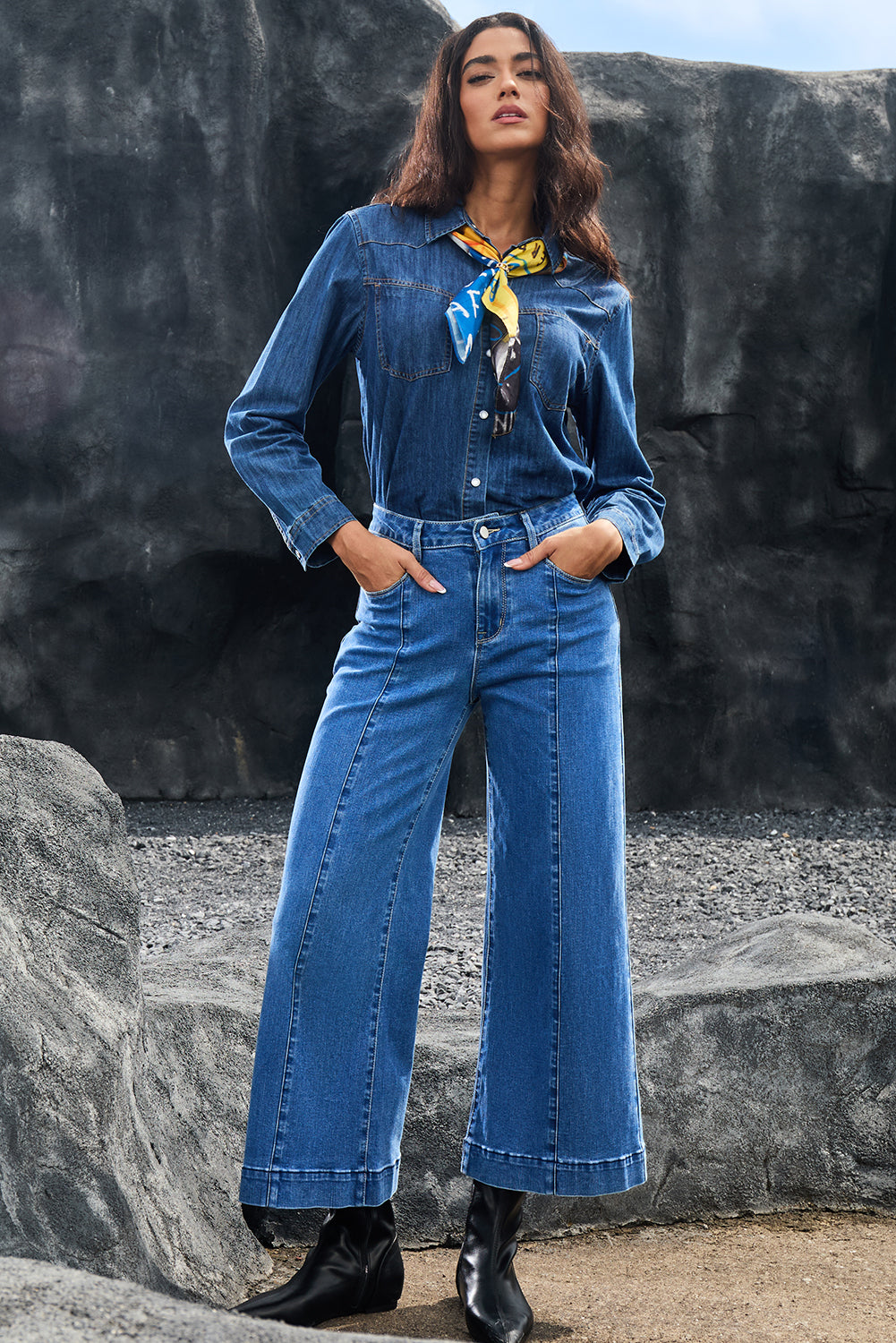 Dark Blue Plain Seam Detail Flared Bottom Ankle Length Jeans Jeans JT's Designer Fashion