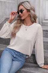 Khaki Stripe Round Neck Drop Shoulder Long Sleeve Top Long Sleeve Tops JT's Designer Fashion