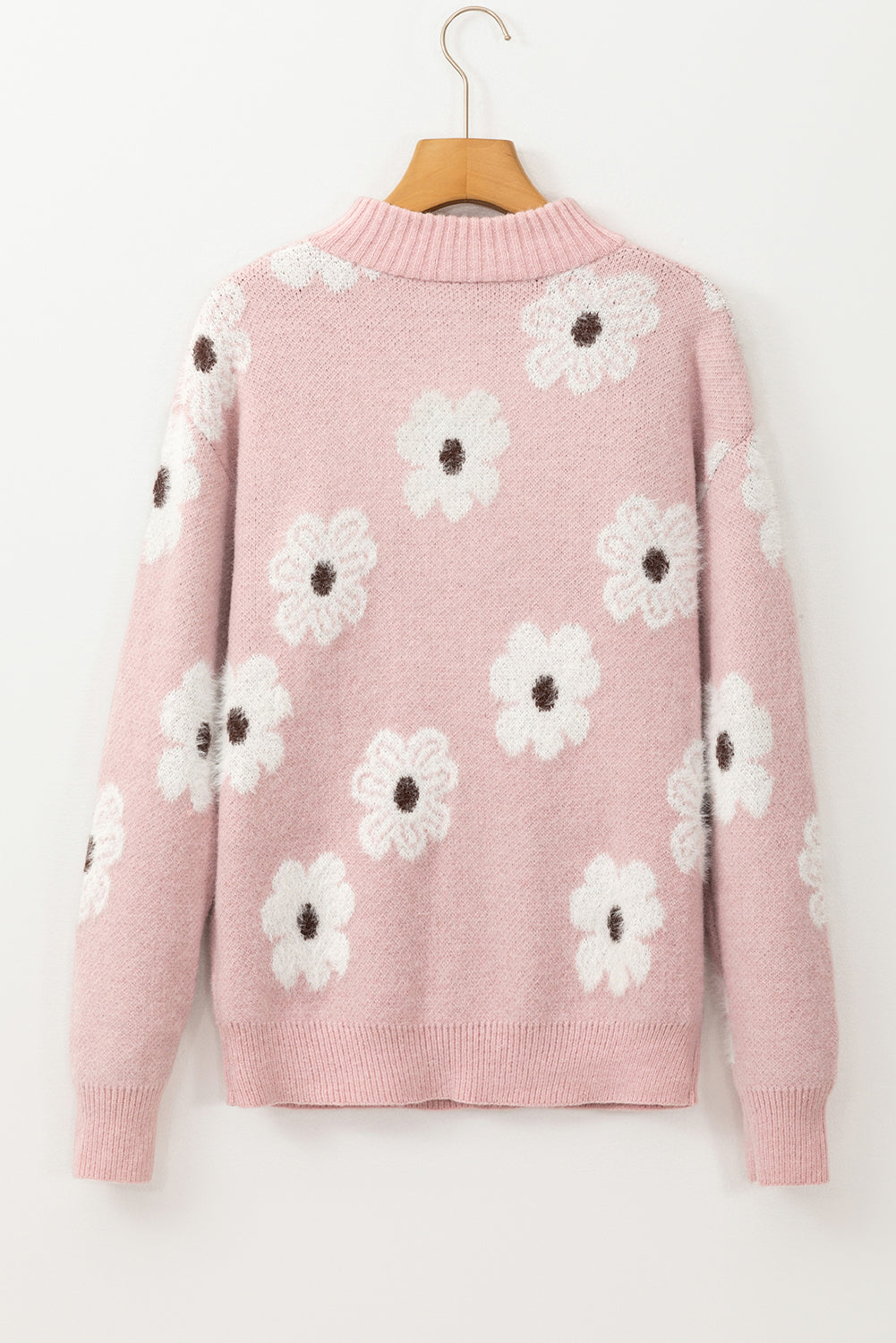 Pink Floral Pattern Half Zip Drop Shoulder Sweater Sweaters JT's Designer Fashion