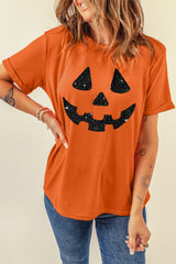 Orange Glittering Pumpkin Face Graphic Crewneck T Shirt Graphic Tees JT's Designer Fashion