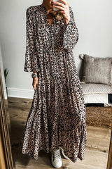 Apricot Leopard Print Tiered Wide Sleeve Long Dress Apricot 100%Polyester Maxi Dresses JT's Designer Fashion