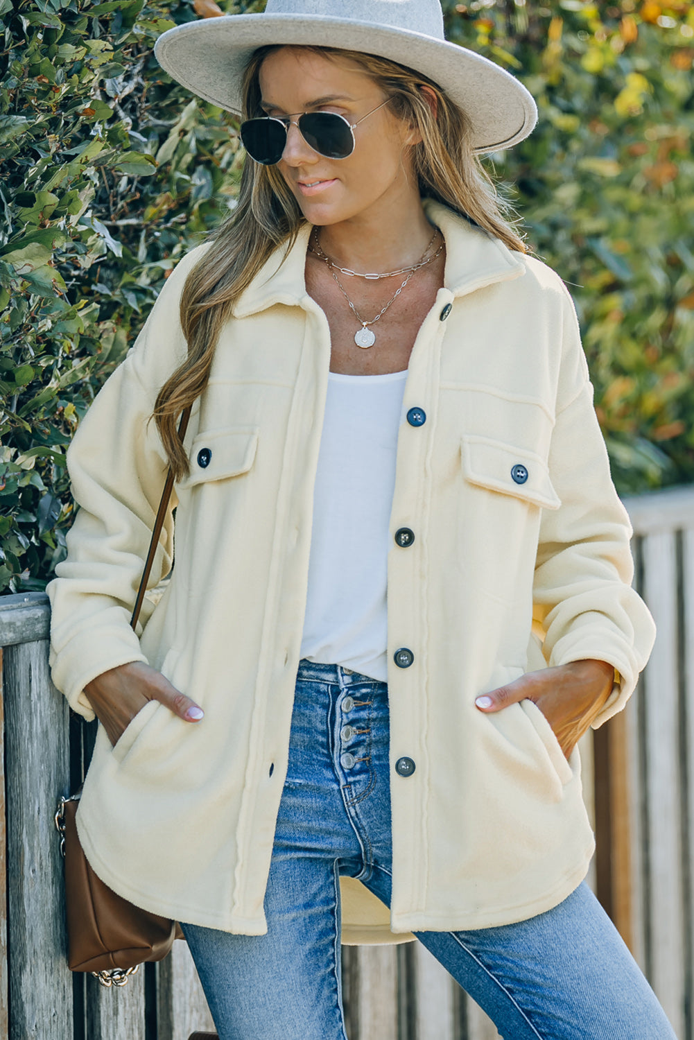 Beige Turn Down Collar Buttoned Shirt Jacket Jackets JT's Designer Fashion