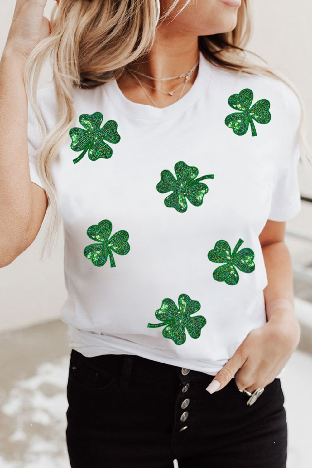 White Sequin Lucky Clover Graphic Crewneck Tee Graphic Tees JT's Designer Fashion