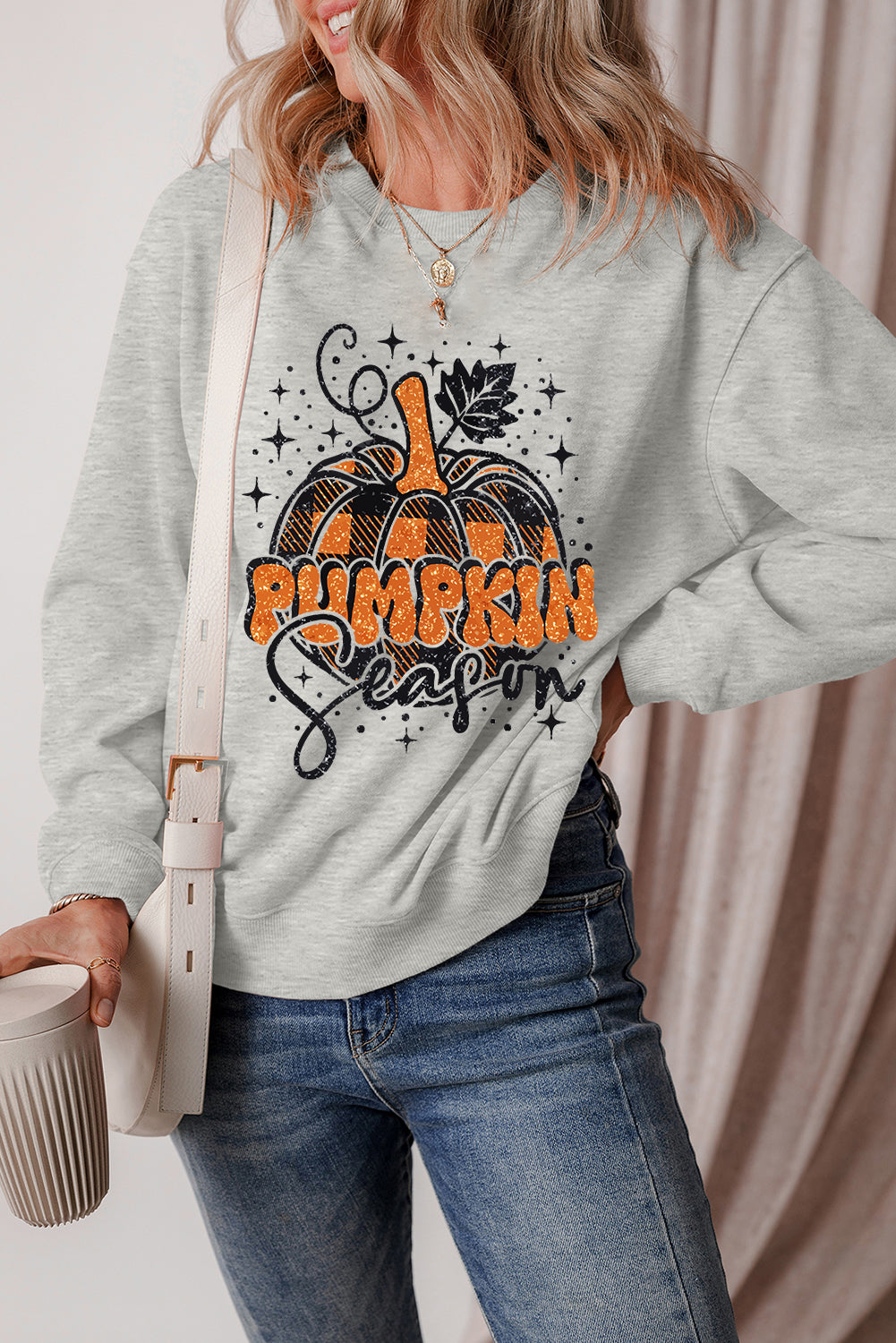 Gray Thanksgiving Pumpkin Season Drop Shoulder Sweatshirt Graphic Sweatshirts JT's Designer Fashion