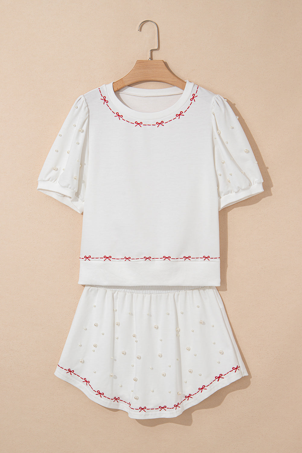 White Contrast Bow Trim Pearl Puff Sleeve Blouse and Skort 2pcs Set Short Sets JT's Designer Fashion
