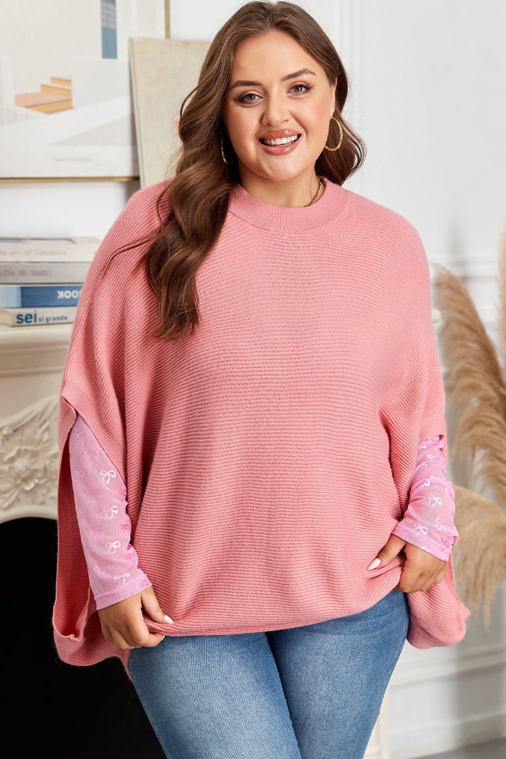 Light Pink Ribbed Knit Half Sleeve Plus Size Poncho Style Sweater Plus Size Sweaters & Cardigans JT's Designer Fashion