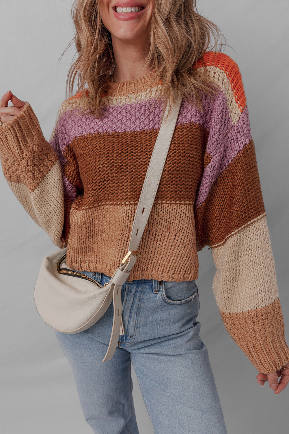 Multicolour Cropped Colorblock Drop Shoulder Knitted Sweater Sweaters JT's Designer Fashion