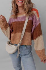 Multicolour Cropped Colorblock Drop Shoulder Knitted Sweater Sweaters JT's Designer Fashion