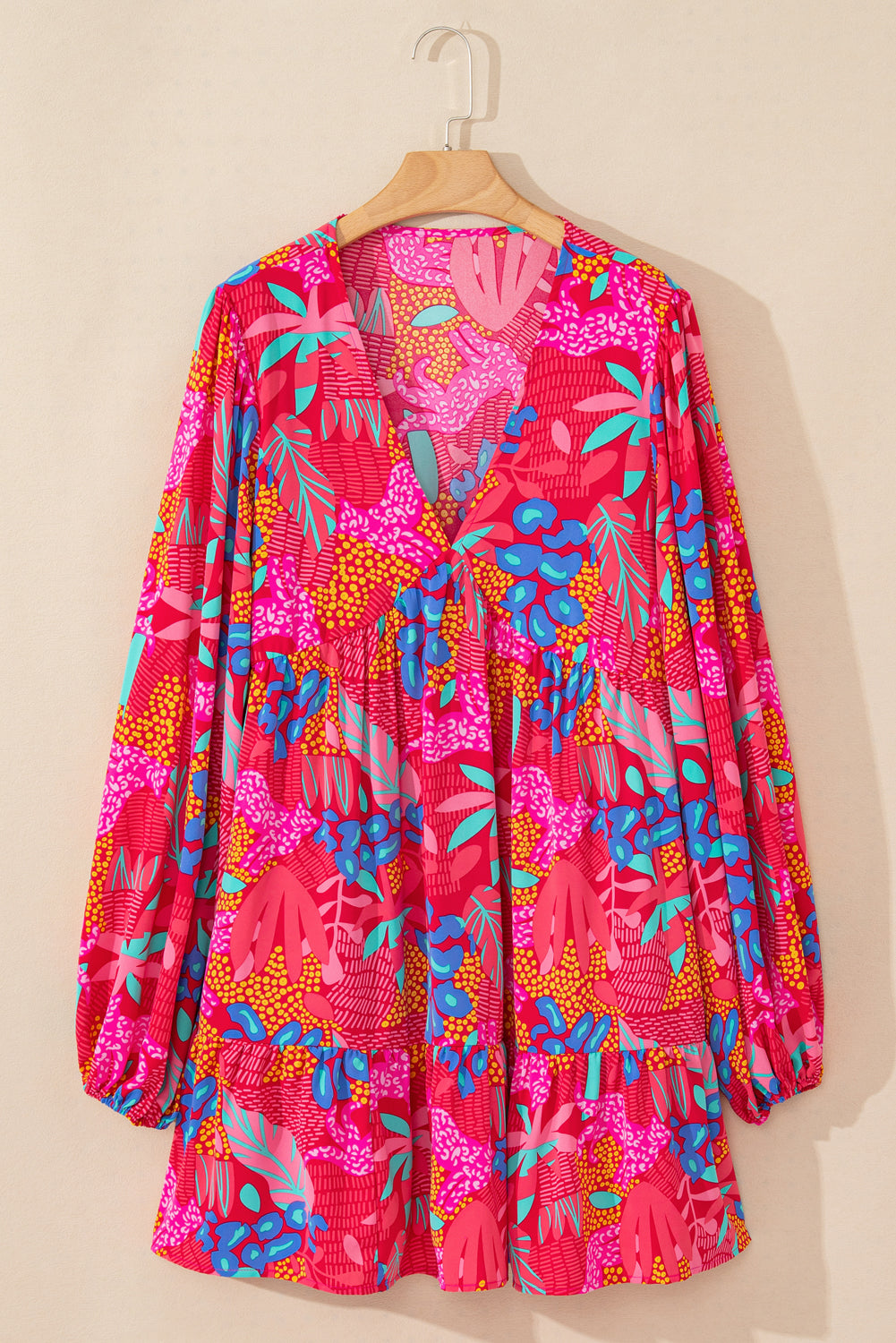Rose Tropical Printed Lantern Sleeve V Neck Ruffled Plus Size Mini Dress Plus Size Mini Dresses JT's Designer Fashion
