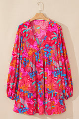 Rose Tropical Printed Lantern Sleeve V Neck Ruffled Plus Size Mini Dress Plus Size Mini Dresses JT's Designer Fashion