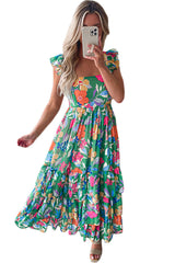 Green Floral Print Sleeveless Ruffle Tiered Maxi Dress Floral Dresses JT's Designer Fashion