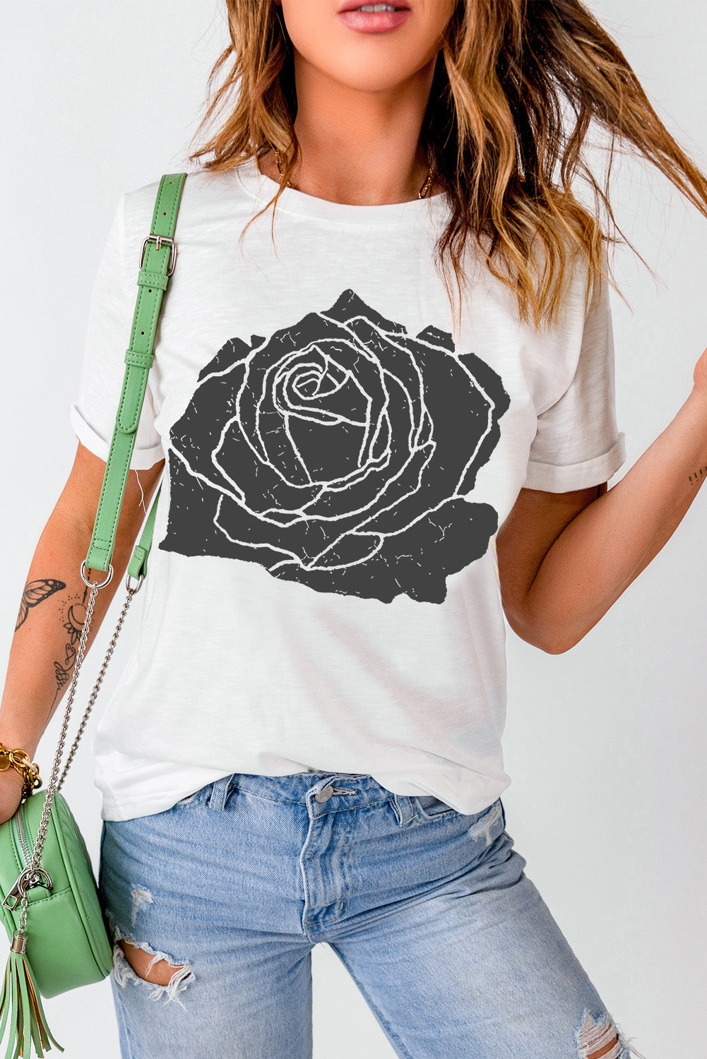 White Large Rose Print Round Neck T Shirt Graphic Tees JT's Designer Fashion
