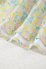 Green Floral Half Sleeve Frilled U Neck A-line Short Dress Floral Dresses JT's Designer Fashion