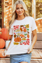 White Pumpkin Flower Print Fall Graphic Cotton Blend Tee Graphic Tees JT's Designer Fashion