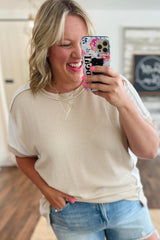 Parchment Twist Rib Colorblock Hi Low Plus Size Short Sleeve Top Plus Size JT's Designer Fashion